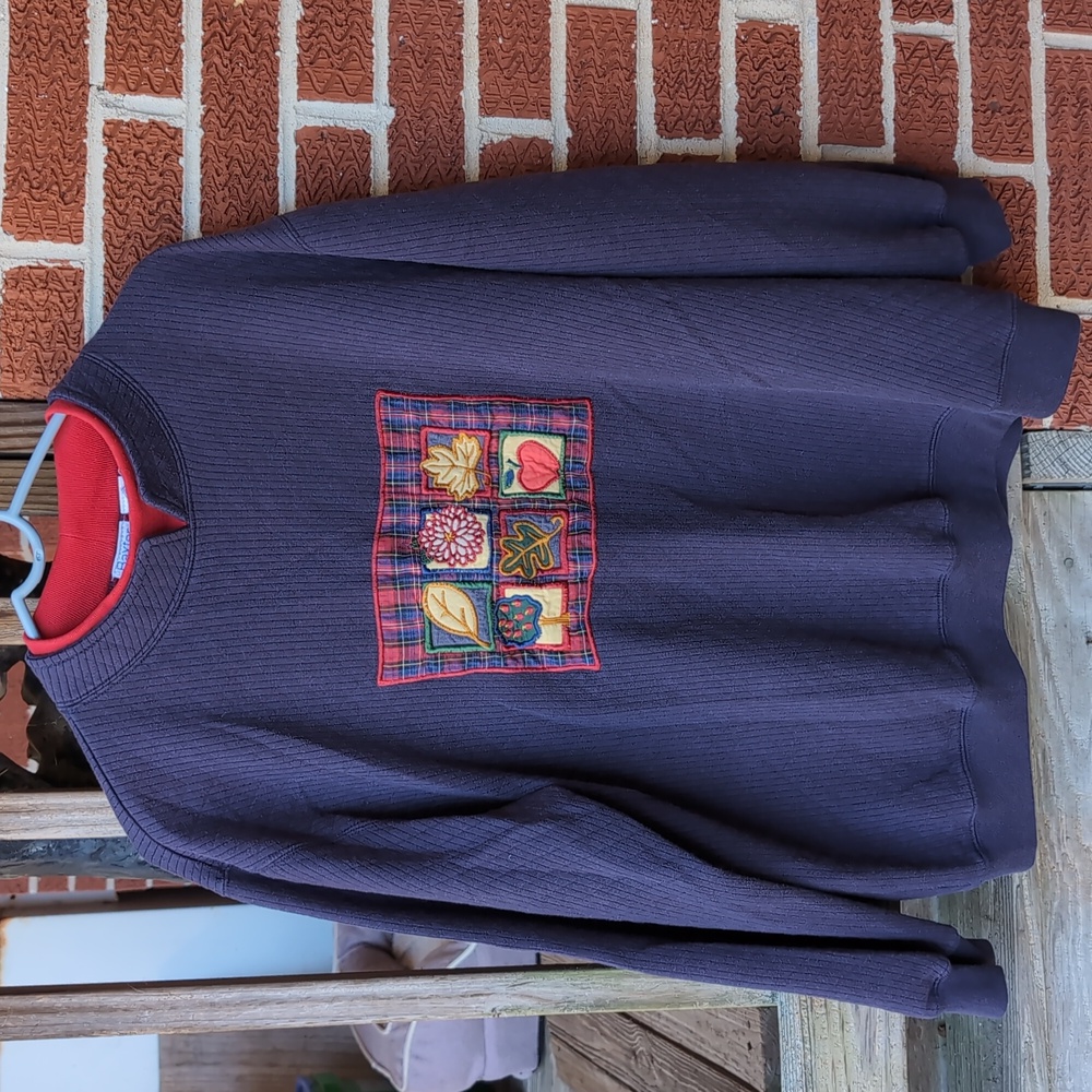 Baxter & Wells Woman Vintage 2X Patchwork Embroidered Fall Sweater Blue